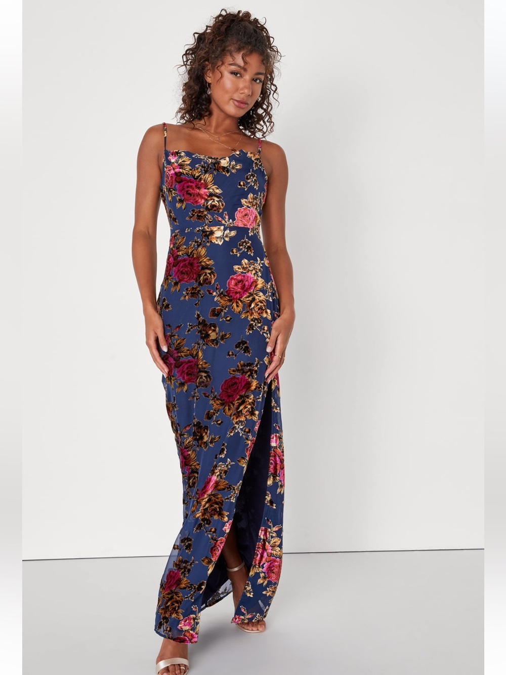 NWT Lulus Chic Romantic Navy Blue Burnout Velvet Floral Cowl Neck Dress - Picture 5 of 8
